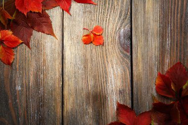 Sonbahar yaprakları kahverengi ahşap zemin üzerinde