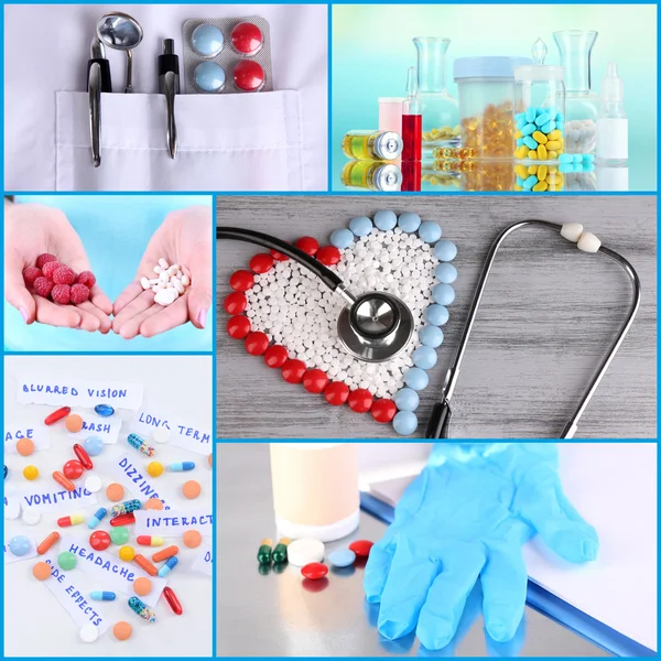 Collage de medicina con pastillas y estetoscopio —  Fotos de Stock