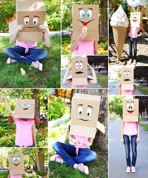 Collage of woman with cardboard box on her head, outdoors — Stock Photo, Image