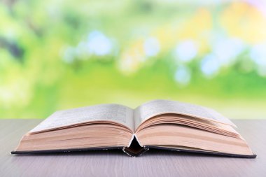 Doğal arka planda tahta masa üzerine açık bir kitap