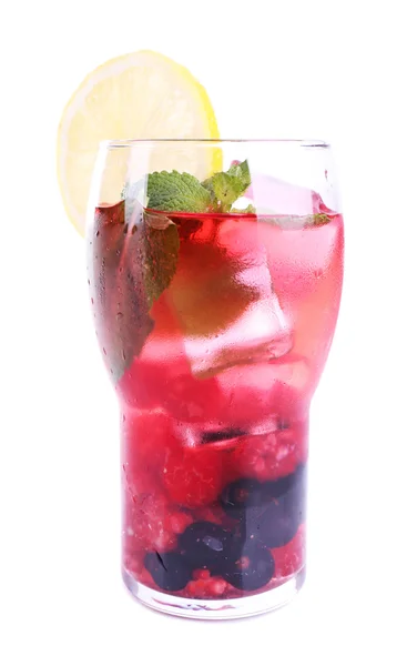 Glass of berry cocktail with lemon and mint on white background isolated — Stock Photo, Image