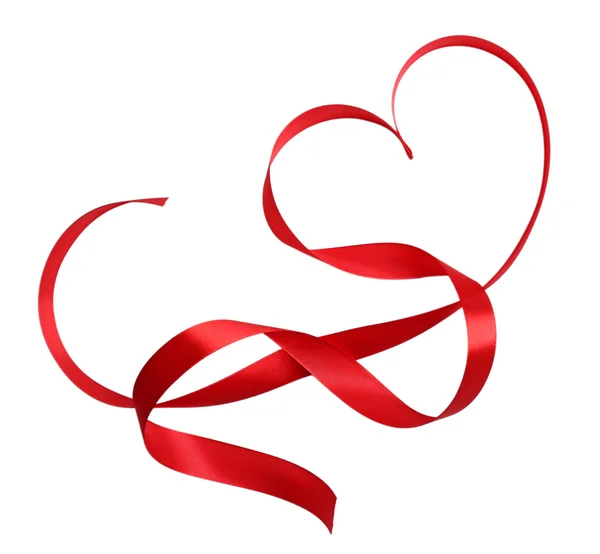 Heart shaped shiny red satin ribbon isolated on white — Stock Photo, Image