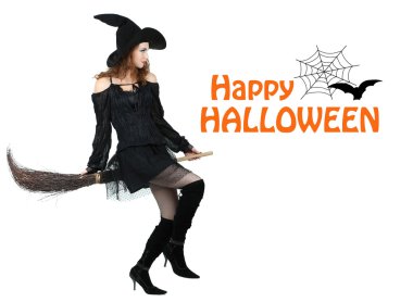 Beyaz süpürgeyle cadılar bayramı cadısı