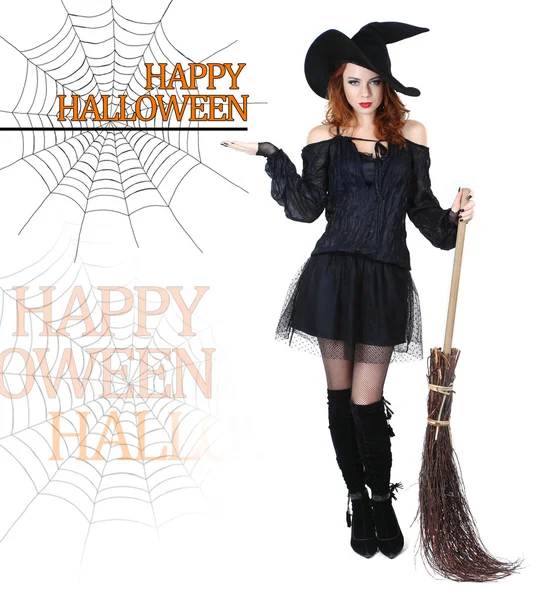 Halloween heks met bezem geïsoleerd op wit — Stockfoto