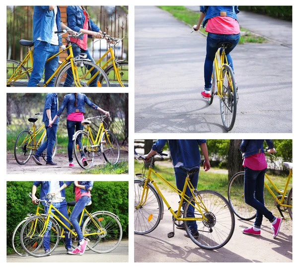 Jeune couple avec vélo à l'extérieur — Photo