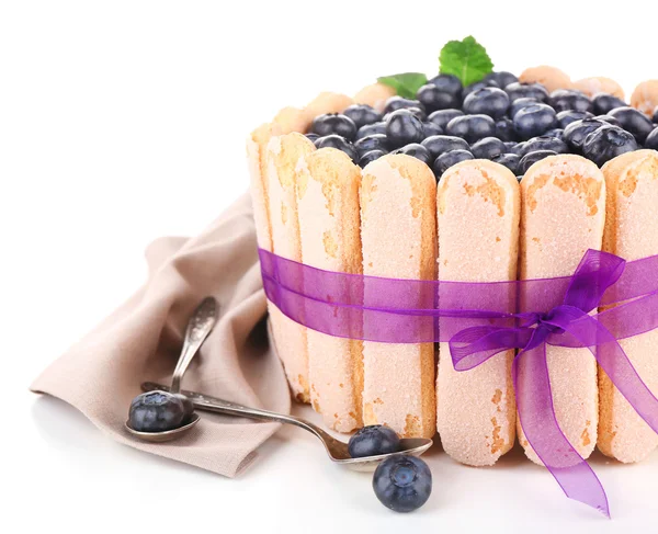 Tasty cake Charlotte with blueberries, isolated on white — Stock Photo, Image