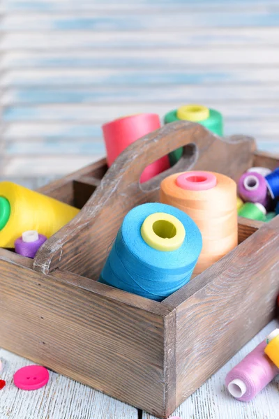 Sewing Accessories in wooden box — Stock Photo, Image