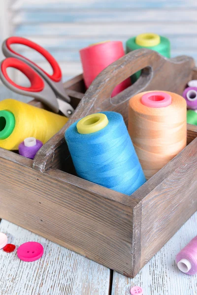 Sewing Accessories in wooden box — Stock Photo, Image