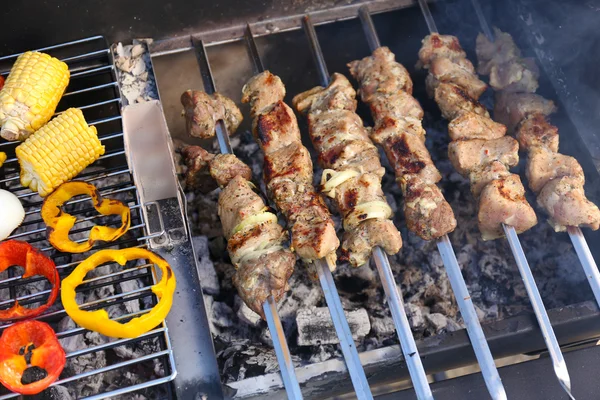 Skewers and vegetableq on barbecue grill, close-up — Stock Photo, Image