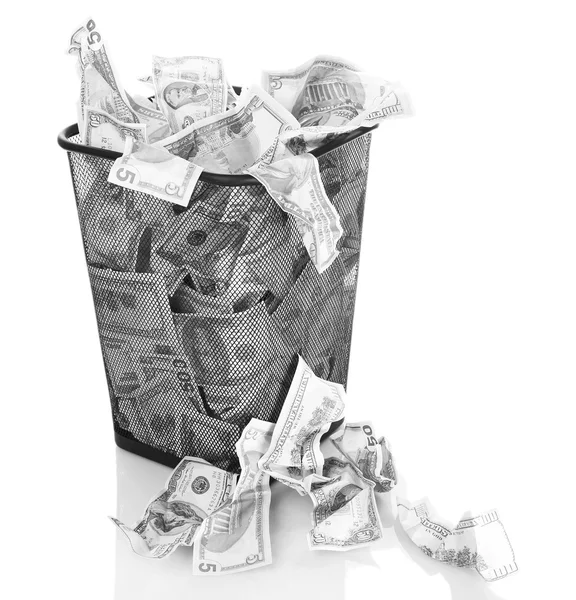 Money in dustbin isolated on white — Stock Photo, Image