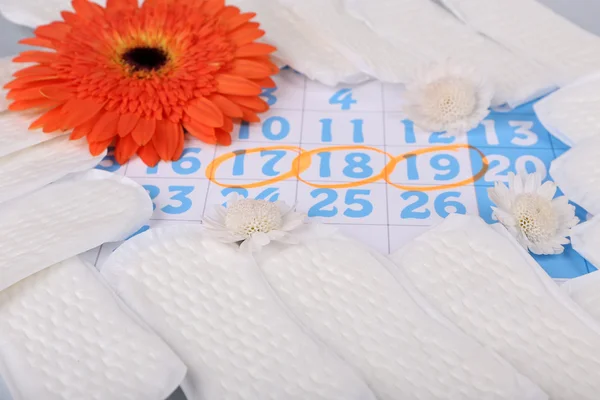 Санитарные прокладки, оранжевый Гербер на голубом фоне календаря — стоковое фото