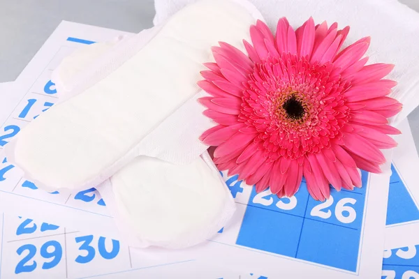 Гігієнічні прокладки і рожевий Gerber на тлі синього календар — стокове фото