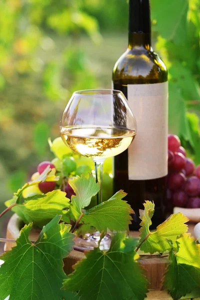 Schmackhafter Wein auf Holzfass auf Traubenplantage Hintergrund — Stockfoto