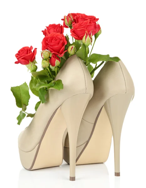 Beautiful woman shoes with flowers isolated on white — Stock Photo, Image