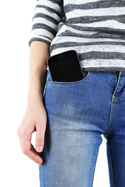 Smart phone in pocket jeans — Stock Photo, Image