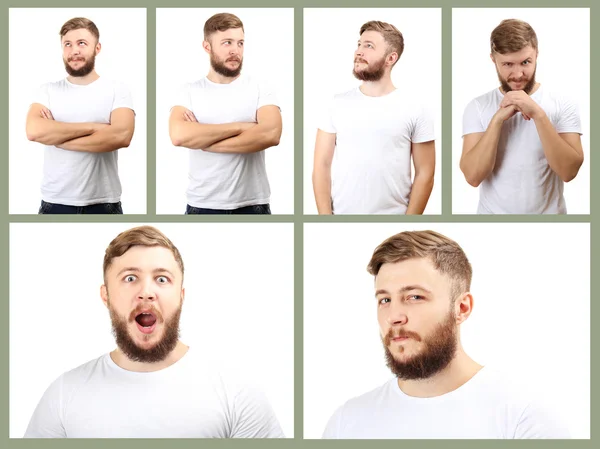 Concepto de emoción. Hombre guapo con collage de barba —  Fotos de Stock