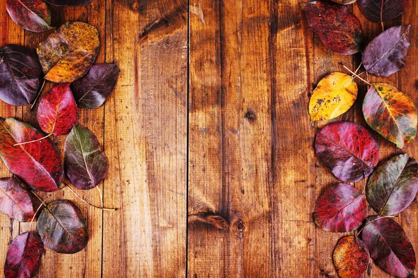 Feuilles d'automne sur fond de bois brun — Photo