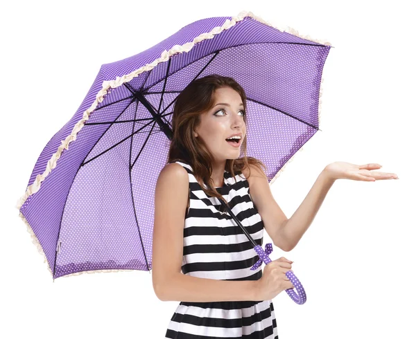 Krásná mladá dívka s deštníkem izolovaných na bílém — Stock fotografie