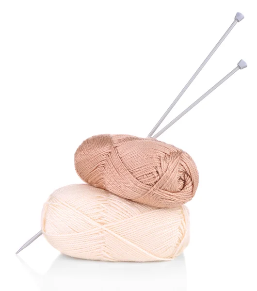 Knitting yarn with knitting needles, isolated on white — Stock Photo, Image