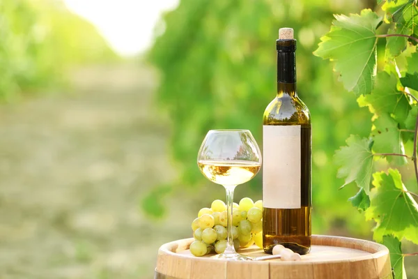 Tasty wine on wooden barrel on grape plantation background — Stock Photo, Image