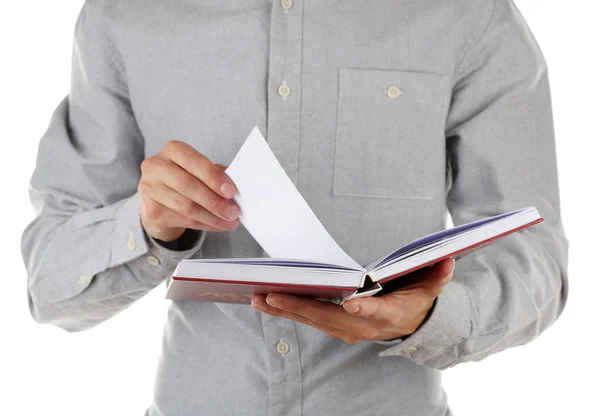 Uomo tenere libro isolato su bianco — Foto Stock