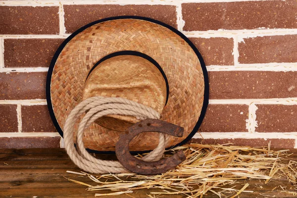 Oeste americano ainda vida com ferradura velha, chapéu e laço cowboy — Fotografia de Stock