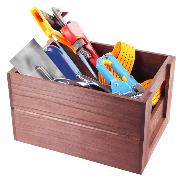 Wooden box with different tools — Stock Photo, Image