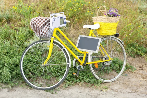 Велосипед с доской на лугу на закате — стоковое фото