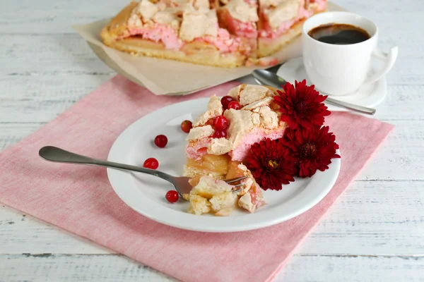 Piece of tasty pie with apples and berry mousse and cup of coffee — Stock Photo, Image