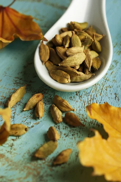 Cardamom in spoon with yellow leaves — Stock Photo, Image