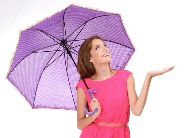 Bella ragazza con ombrello isolato su bianco — Foto Stock