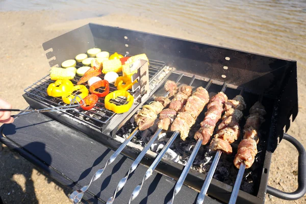 Brochettes et légumes sur barbecue — Photo