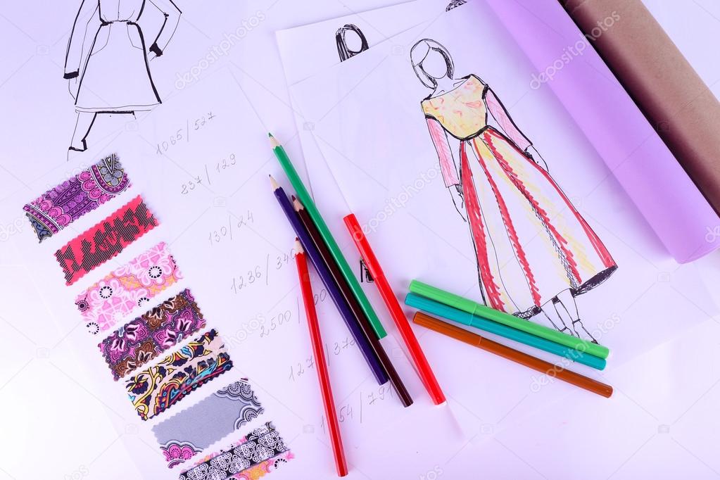 Sketches of clothes and fabric samples