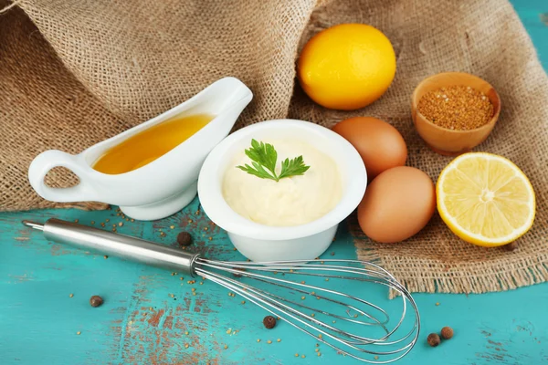 Mayonnaise ingredients on wood — Stock Photo, Image