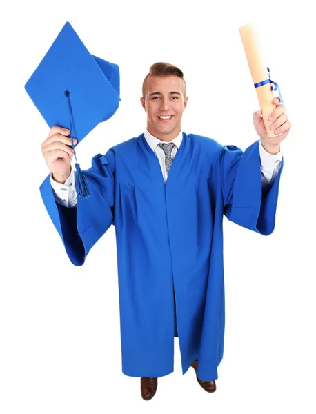 Homem estudante de pós-graduação vestindo chapéu e vestido de graduação, isolado em branco — Fotografia de Stock