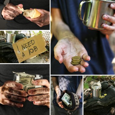 Poverty concept. Homeless men ask for help collage clipart