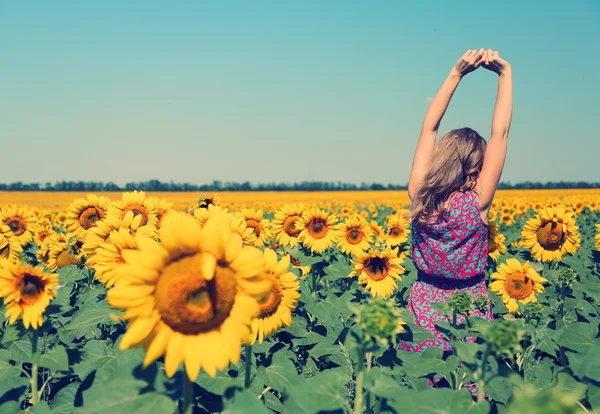 Młoda kobieta na polu słonecznika — Zdjęcie stockowe