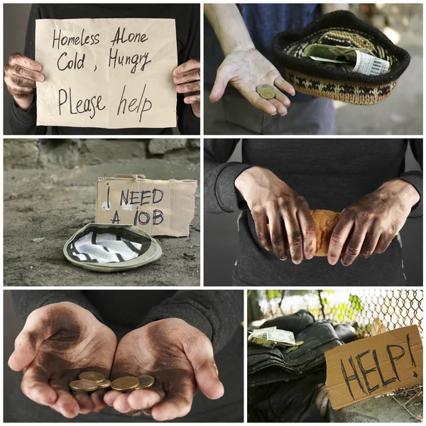 Poverty concept. Homeless men ask for help collage — Stock Photo, Image