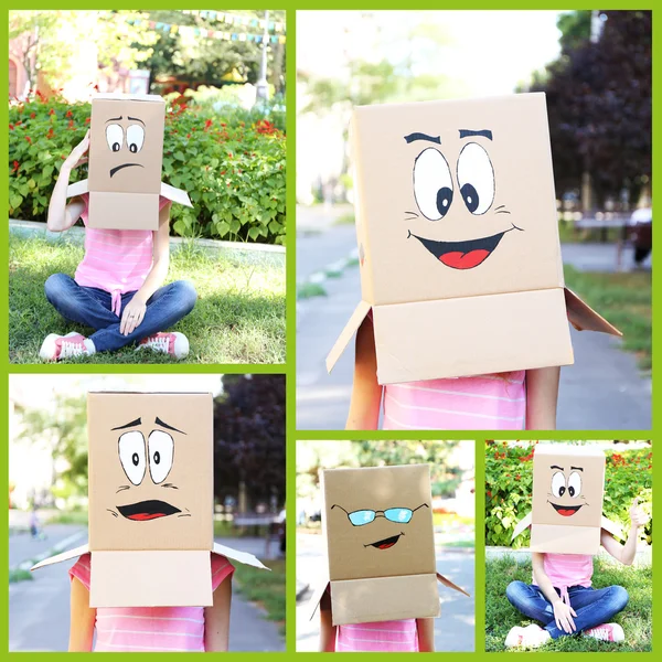 Woman with cardboard box on her head — Stock Photo, Image