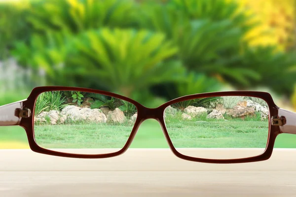 ビジョン コンセプト。緑の背景のメガネ — ストック写真