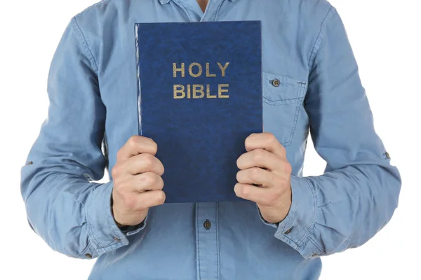 Homem segurando livro isolado em branco — Fotografia de Stock