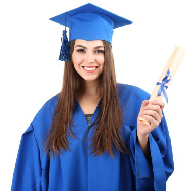 Woman graduate student wearing graduation hat and gown, isolated on white