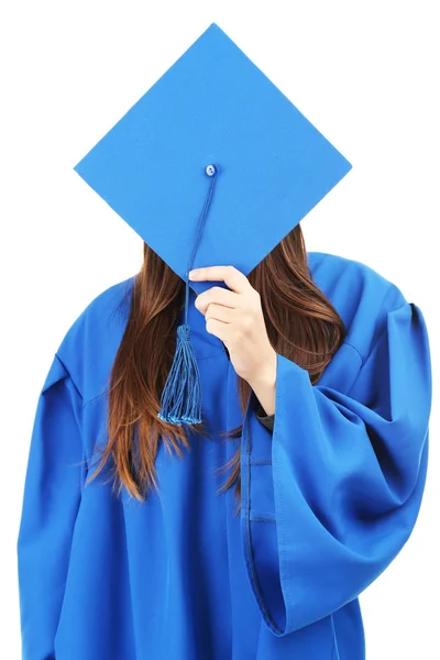 卒業の帽子と白で隔離、ガウンを身に着けている大学院生 — ストック写真