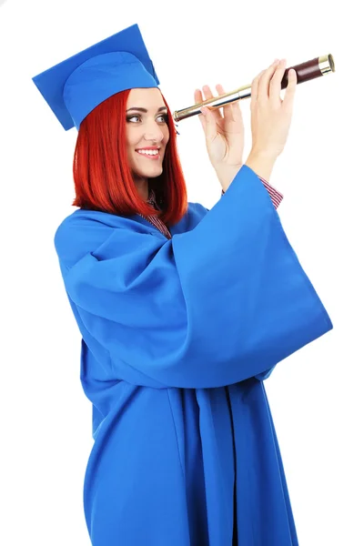 Mulher estudante de pós-graduação com spyglass, isolado em branco — Fotografia de Stock