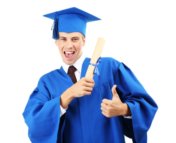 Homem estudante de pós-graduação vestindo chapéu e vestido de graduação, isolado em branco — Fotografia de Stock