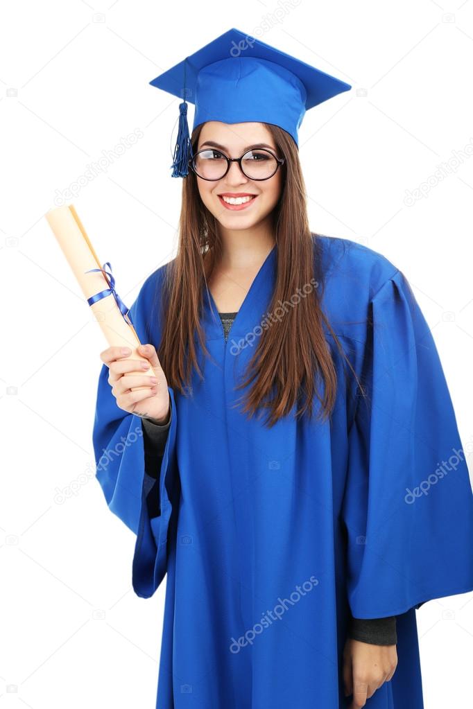 Graduate student wearing graduation hat and gown