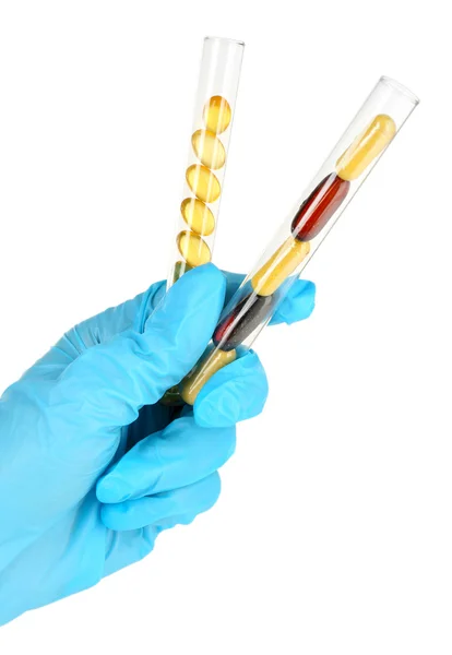 Hand holding test tubes with  drugs — Stock Photo, Image