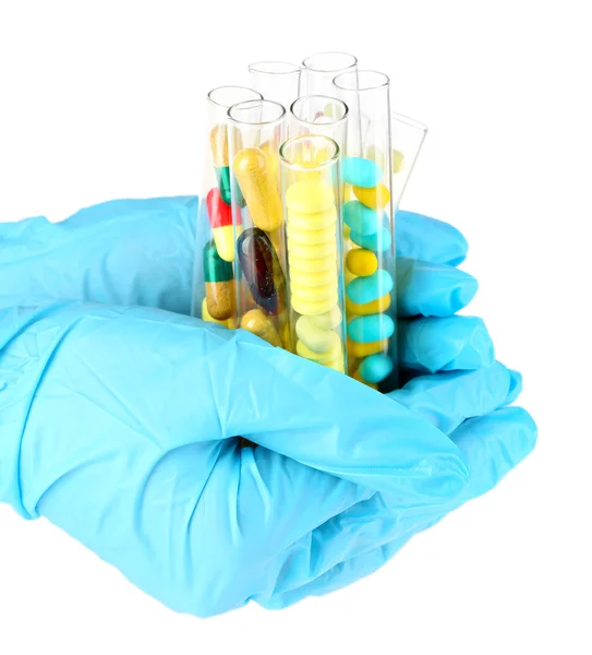 Hand holding test tubes with  drugs — Stock Photo, Image