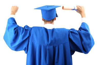 Adam Lisansüstü Öğrenci mezuniyet şapka ve beyaz izole elbisesi,