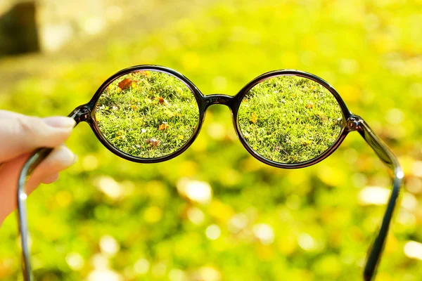 Concetto di visione. Occhiali in mano su sfondo erba verde — Foto Stock